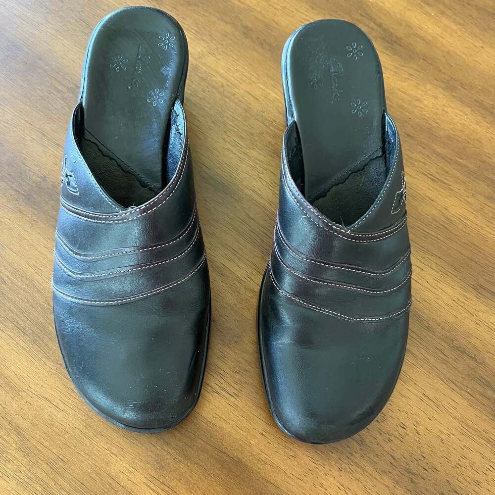 Clarks Black Leather Slip-On Mules Clogs Shoes Comfort Workwear Size 8